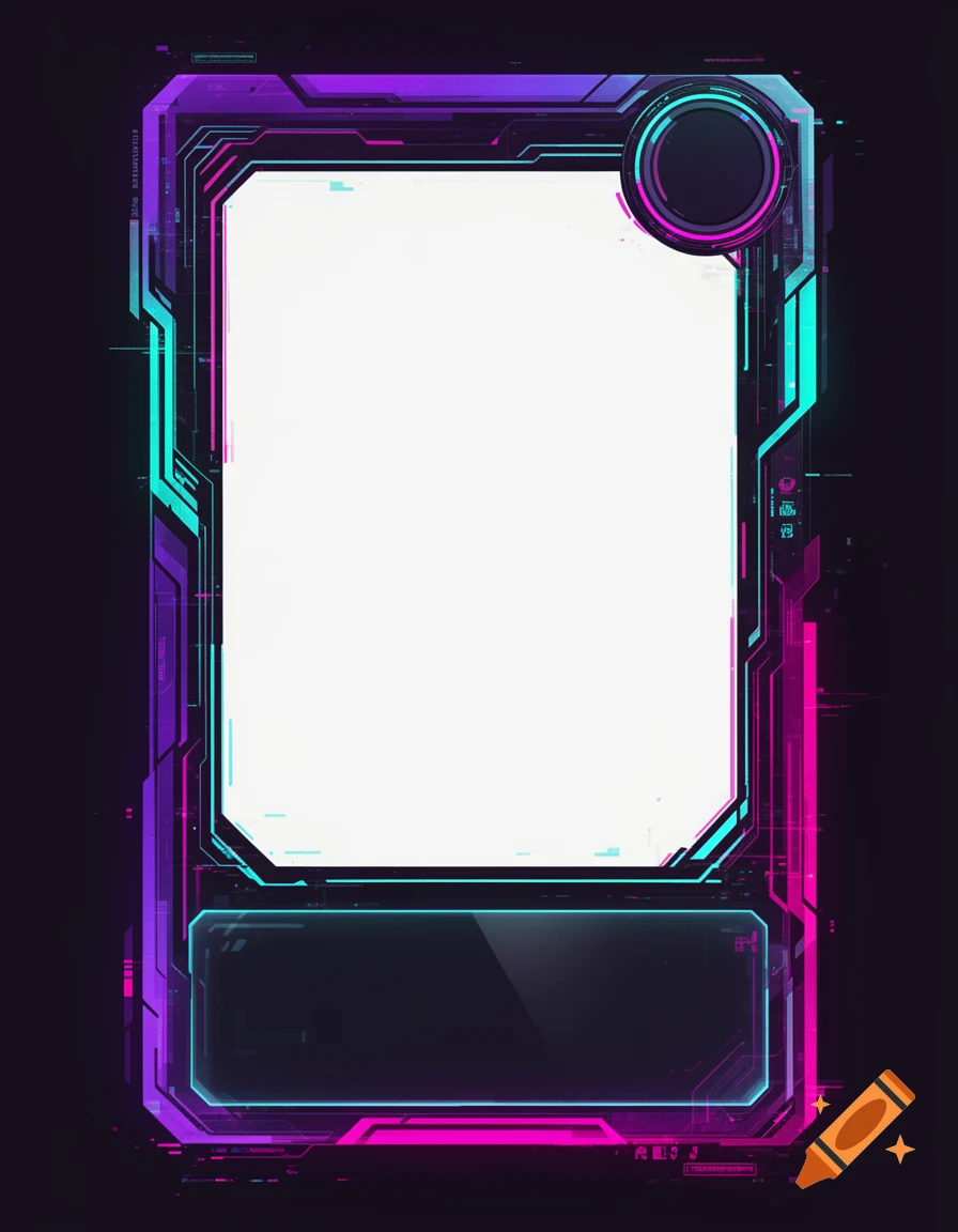 A blank cyberpunk trading card game template frame with purple and cyan neon borders and a dark glass textbox.