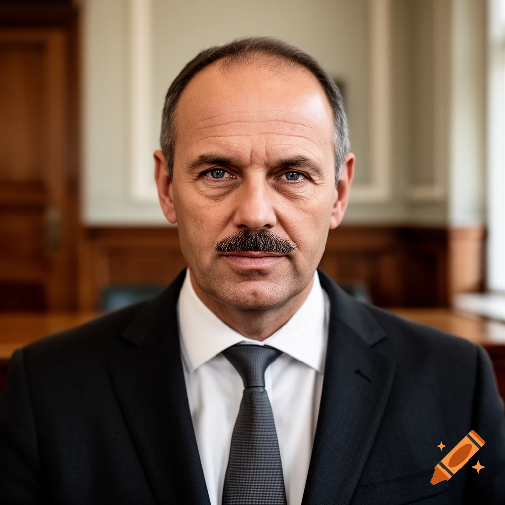 Photorealistic portrait of a middle-aged man with a mustache in a suit and tie, standing in a formal room.