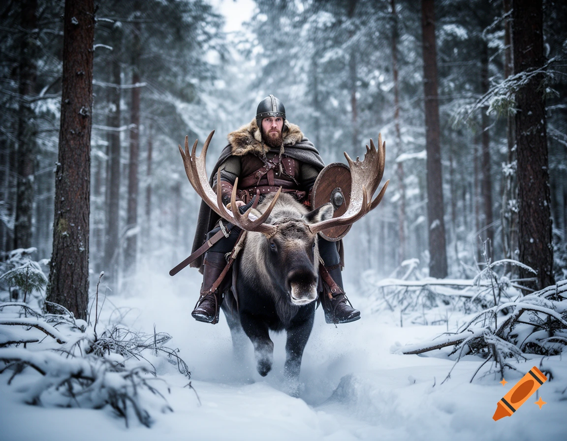 Photorealistic image of a Viking warrior in a helmet and fur cloak riding a large moose through a snowy pine forest.