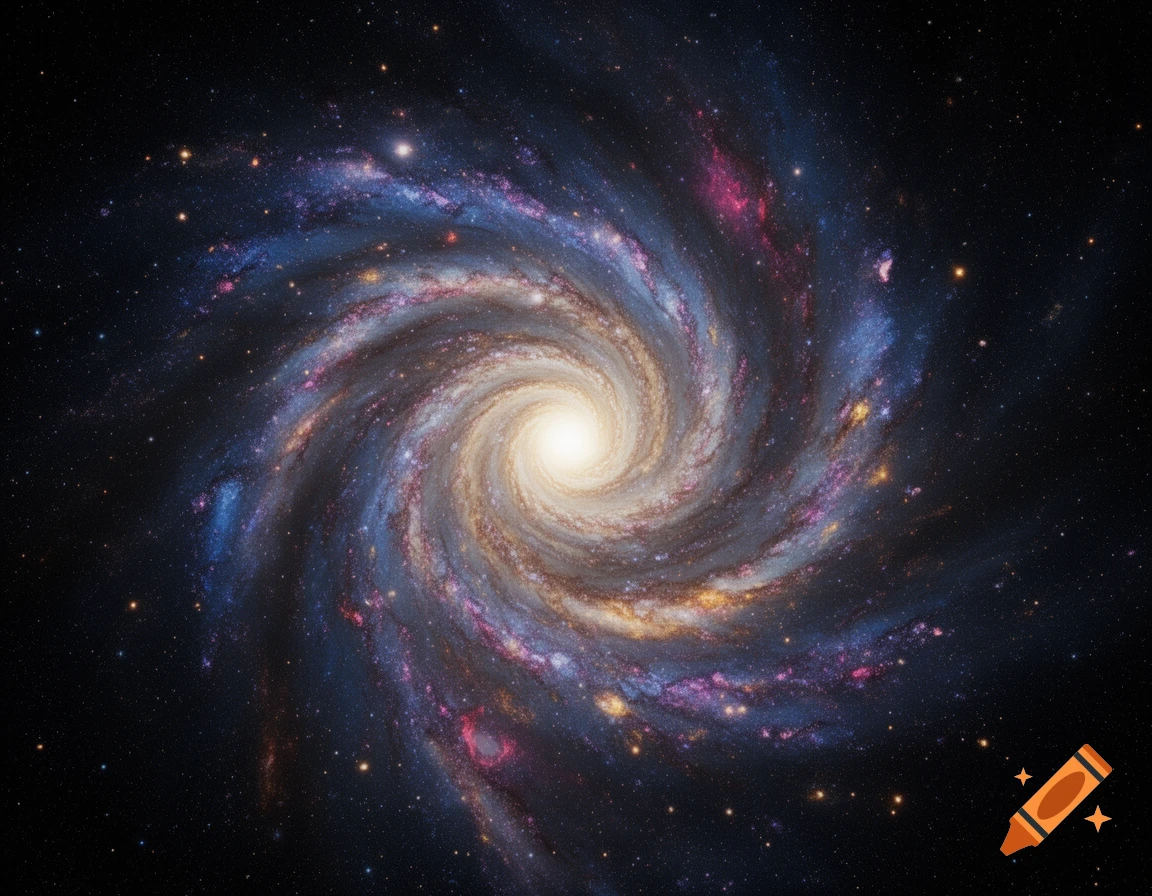 A detailed photorealistic spiral galaxy glowing with blue and pink stardust in the vast dark expanse of space.