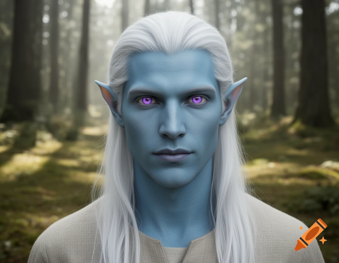 Close-up portrait of a fantasy male creature with light blue skin, purple eyes, and long white hair in a forest.
