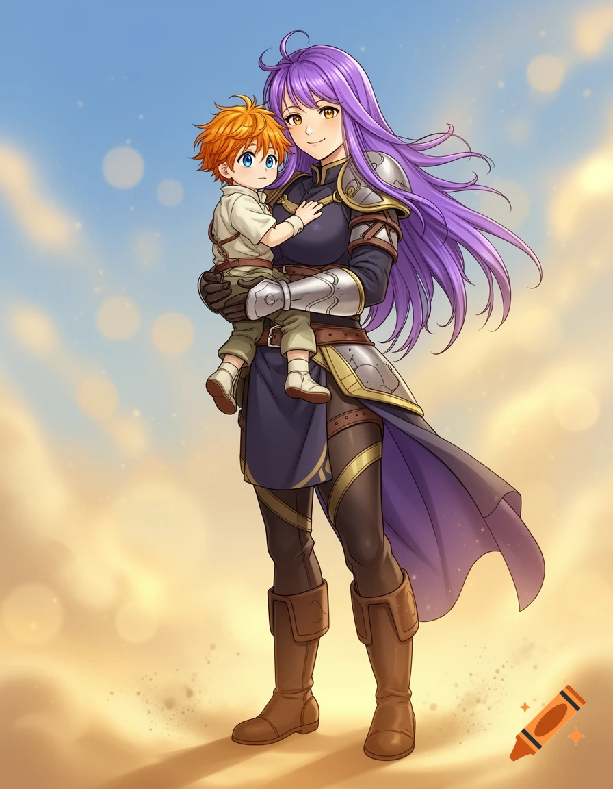 An anime-style illustration of a tall purple-haired warrior holding a young boy with orange hair and blue eyes against a bright sky background.