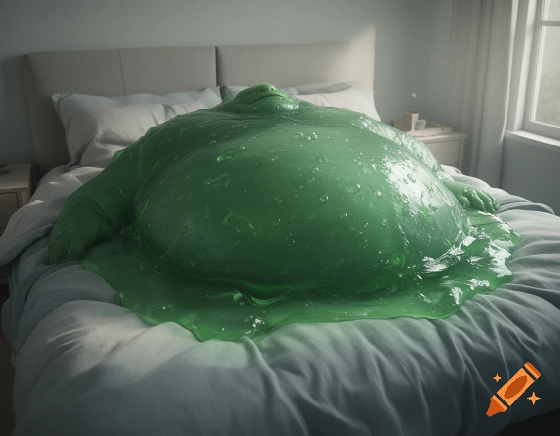 Photorealistic image of a large green slime creature lying on a bed in a bedroom.