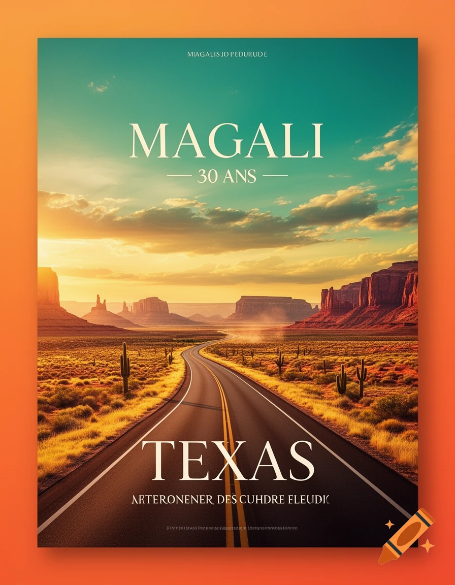 Cinematic travel poster of a highway stretching through a desert canyon landscape at sunset with stylized text.