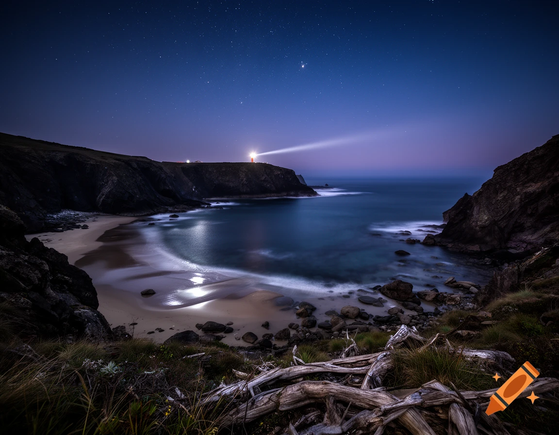 Photorealistic night landscape of a cove with a glowing lighthouse on a cliff under a starry blue sky.
