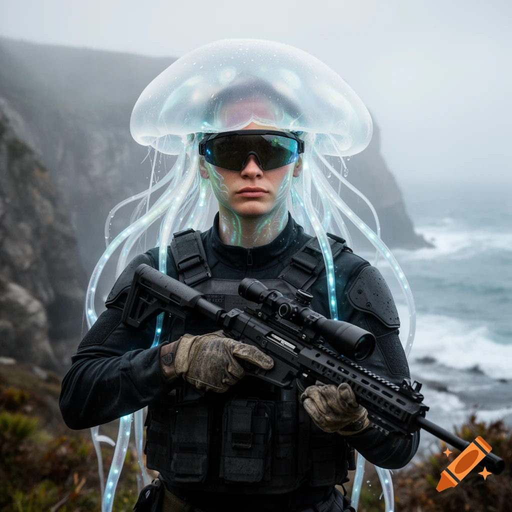 Photorealistic portrait of a human-jellyfish hybrid sniper wearing tactical gear and glowing bioluminescent tendrils, standing by the ocean.