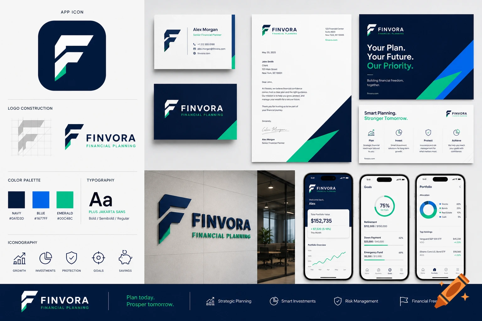 Comprehensive corporate branding and UI design guidelines for Finvora financial planning with logos, stationery, and mobile app screens.