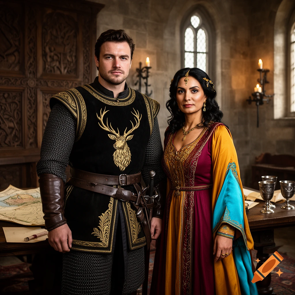 Photorealistic portrait of a Baratheon noble man and his Tyroshi mother in a stone castle hall.