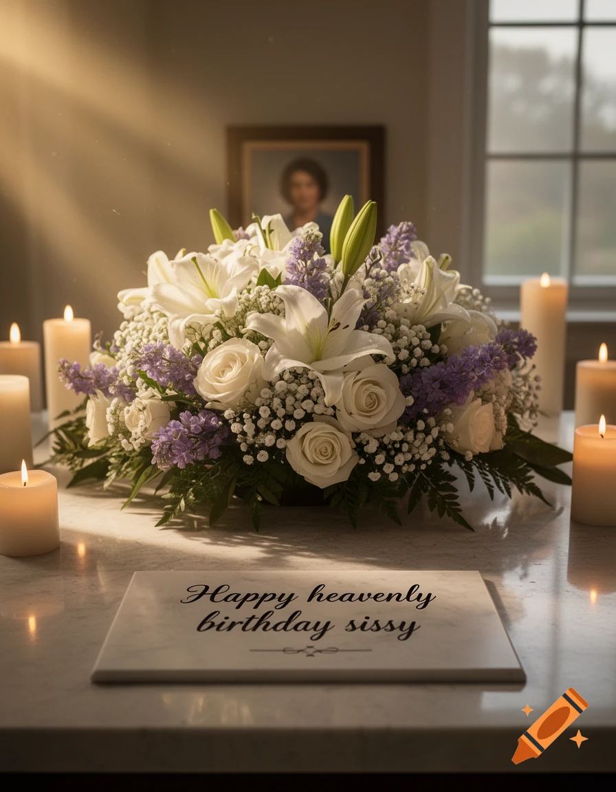 A memorial arrangement of white lilies and roses with lit candles and a sign reading Happy heavenly birthday sissy.