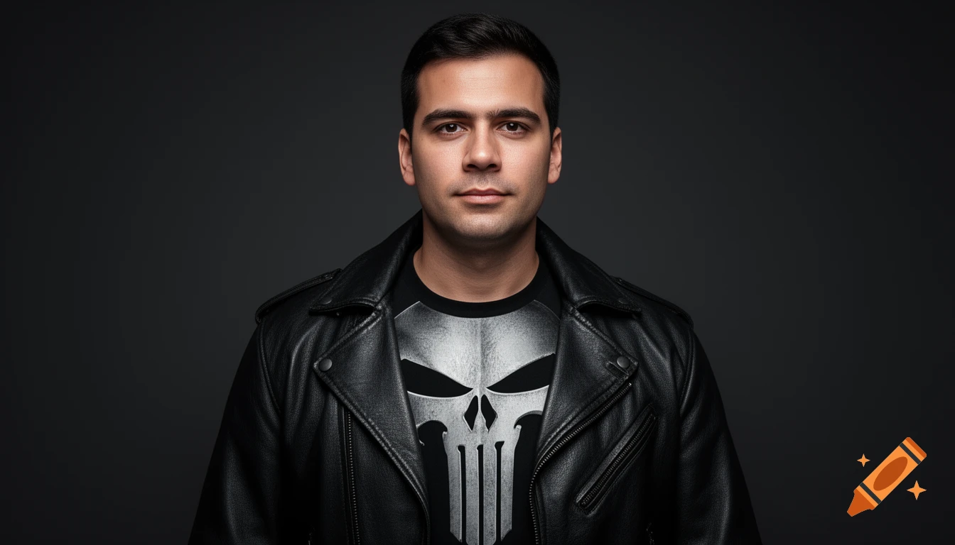 Photorealistic portrait of a man with short dark hair, wearing a black leather jacket over a Punisher logo t-shirt against a dark grey background.