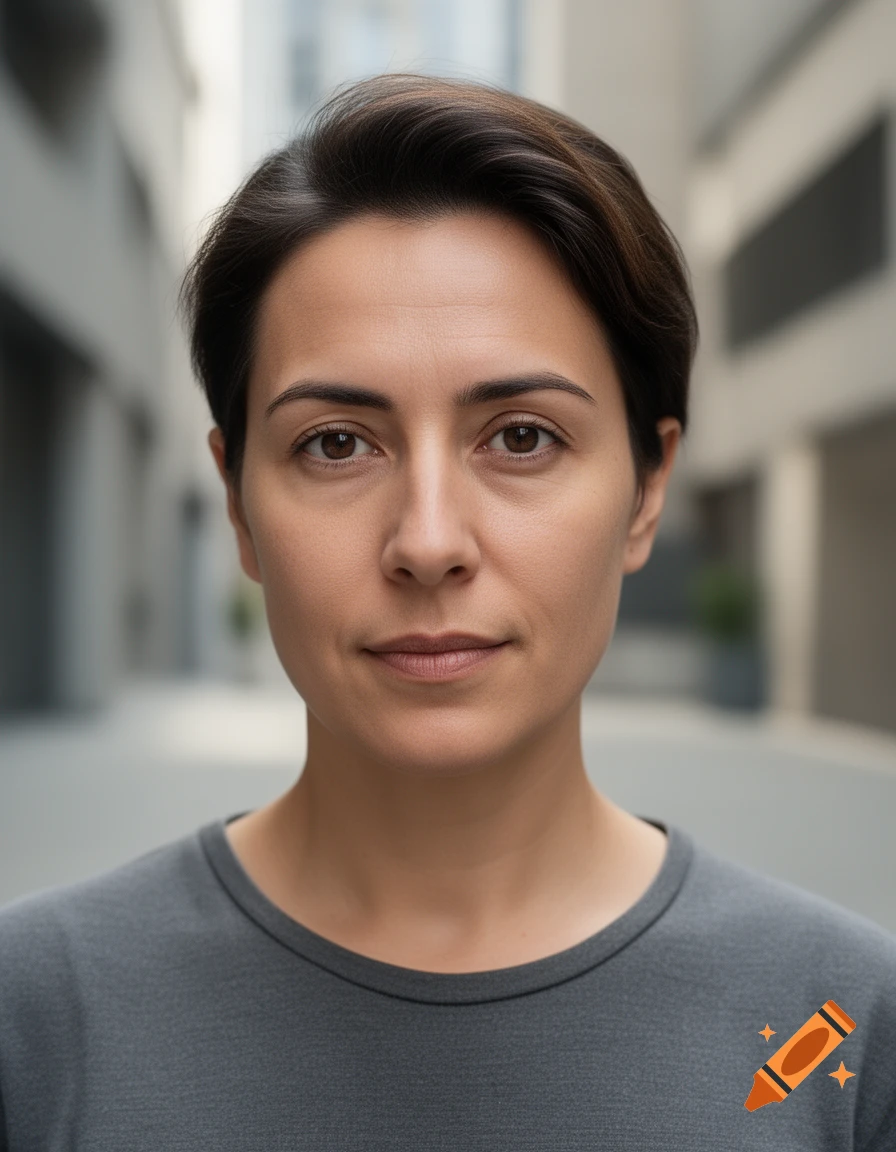 Close-up photorealistic portrait of a person with short dark hair and a grey t-shirt against an out-of-focus urban background.