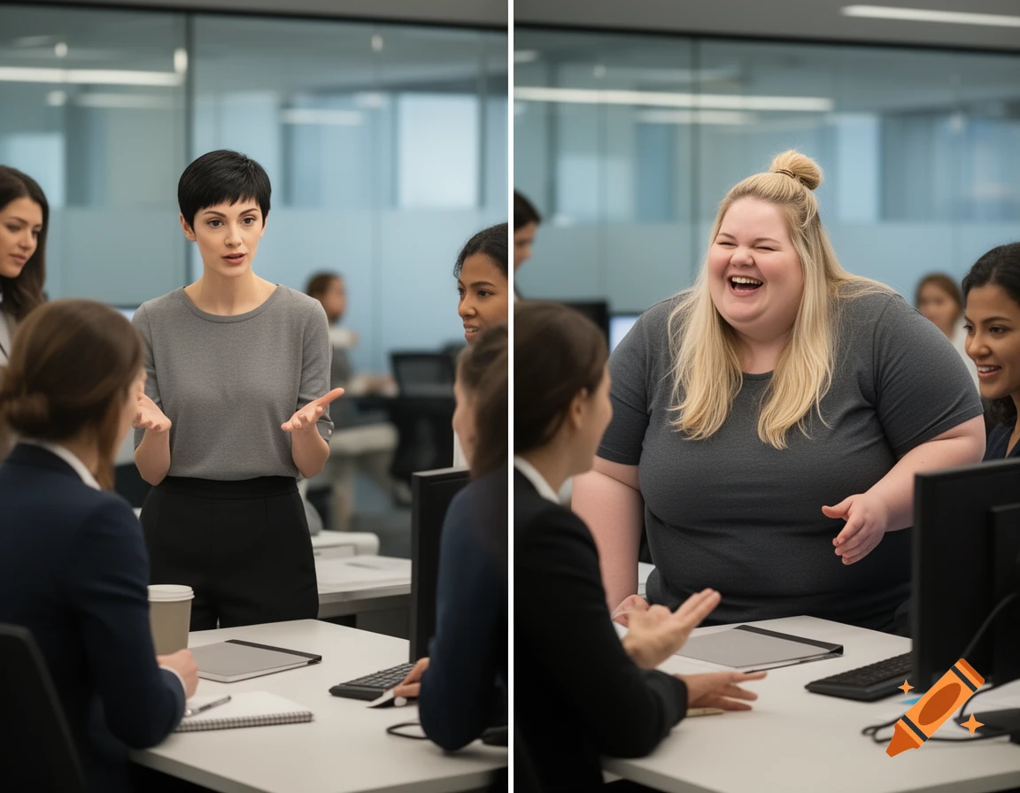 Side-by-side photorealistic images of a woman talking to colleagues in an office, shown as thin with short dark hair in photo 1 and larger with blonde hair in photo 2.