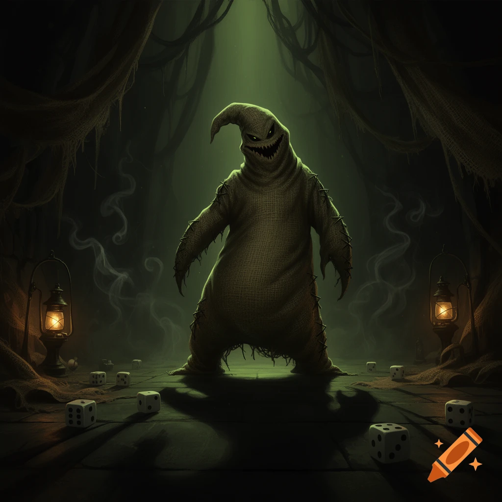 A creepy burlap sack monster with a stitched smile and pointy hat standing in a dark, dungeon-like room with dice scattered on the stone floor.