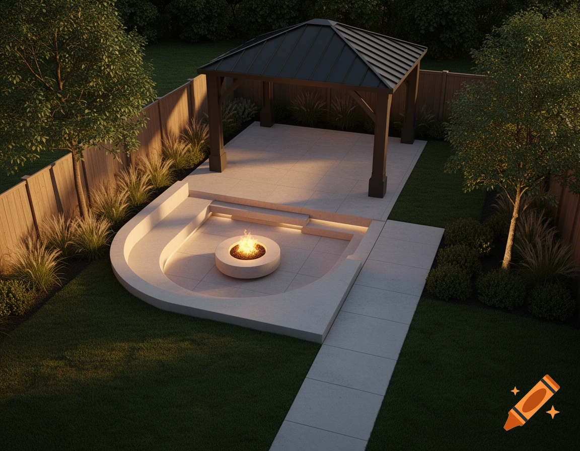 Photorealistic aerial view of a backyard with a sunken patio, fire pit, curved seating, and a modern metal roof gazebo.