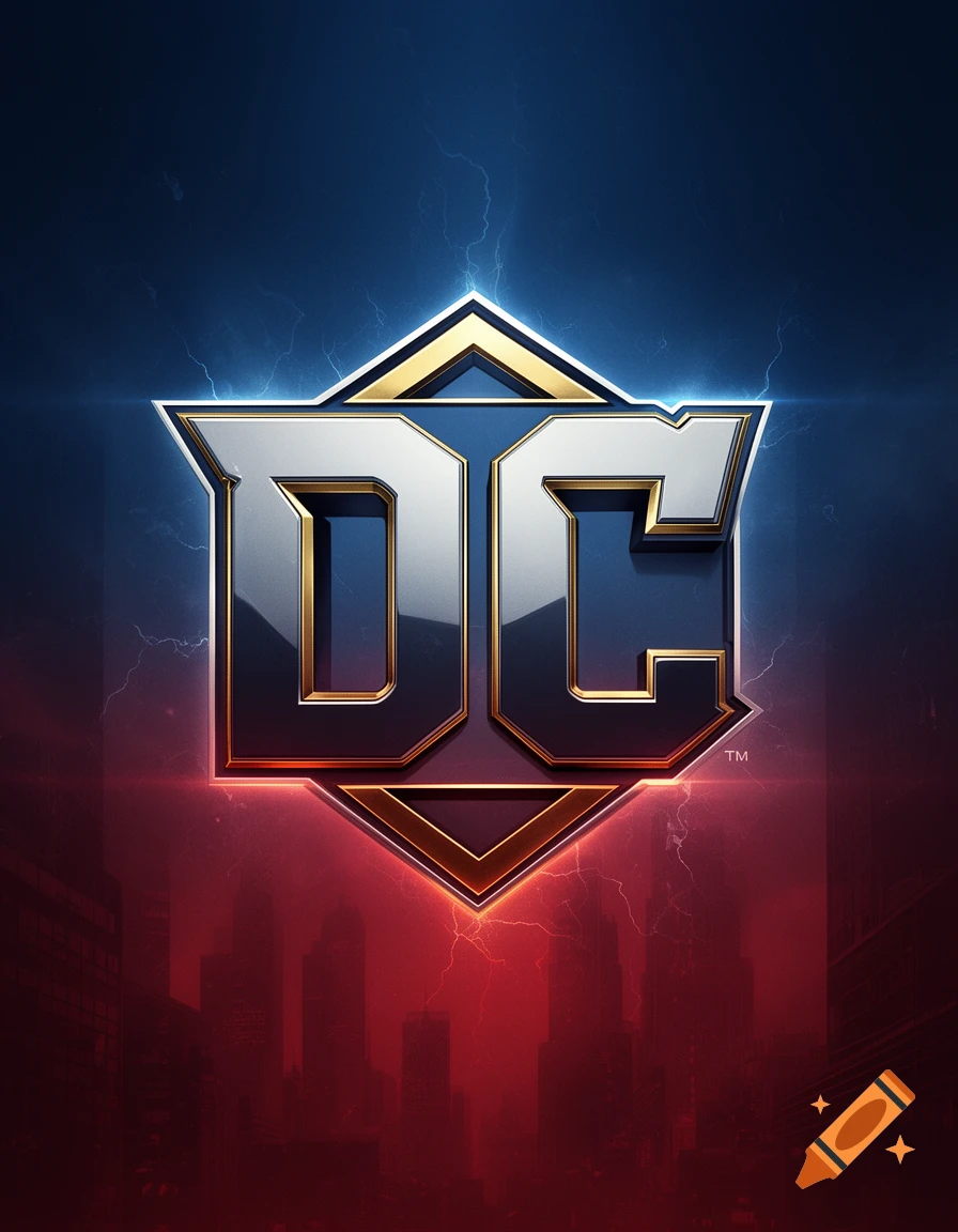 3D metallic DC logo with gold and silver trim against a dark blue and red city skyline background.