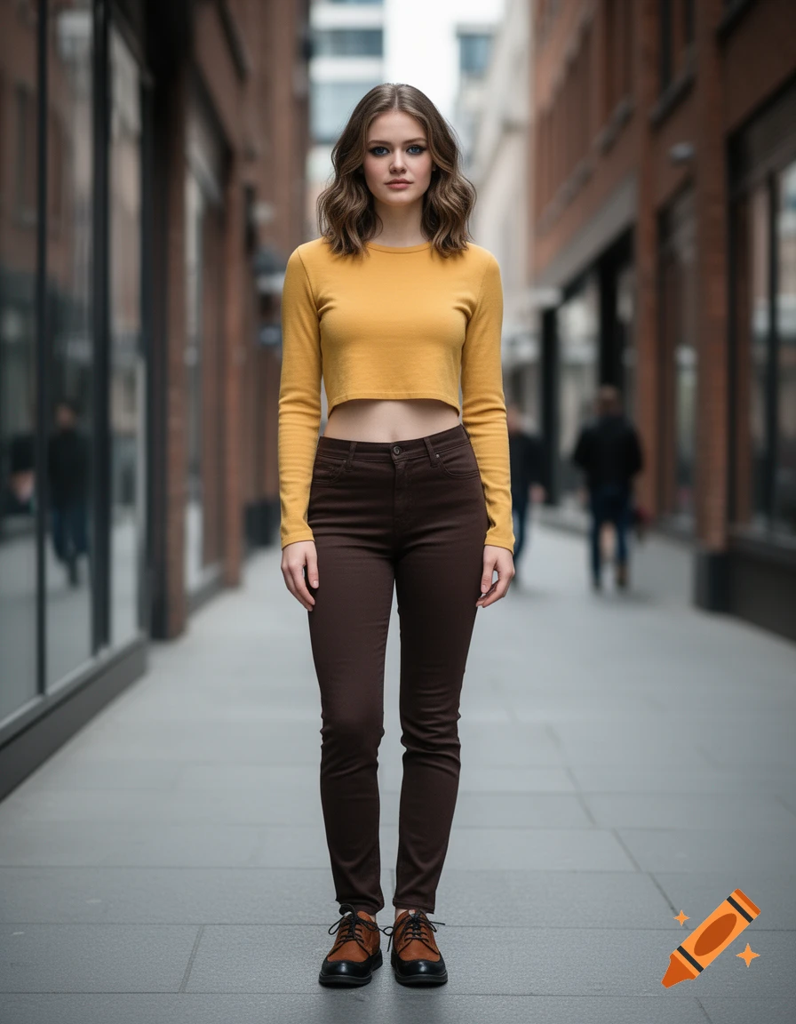 Photorealistic full-body shot of a young woman with fair skin and wavy hair standing in a pedestrian alley wearing a yellow crop top and brown pants.