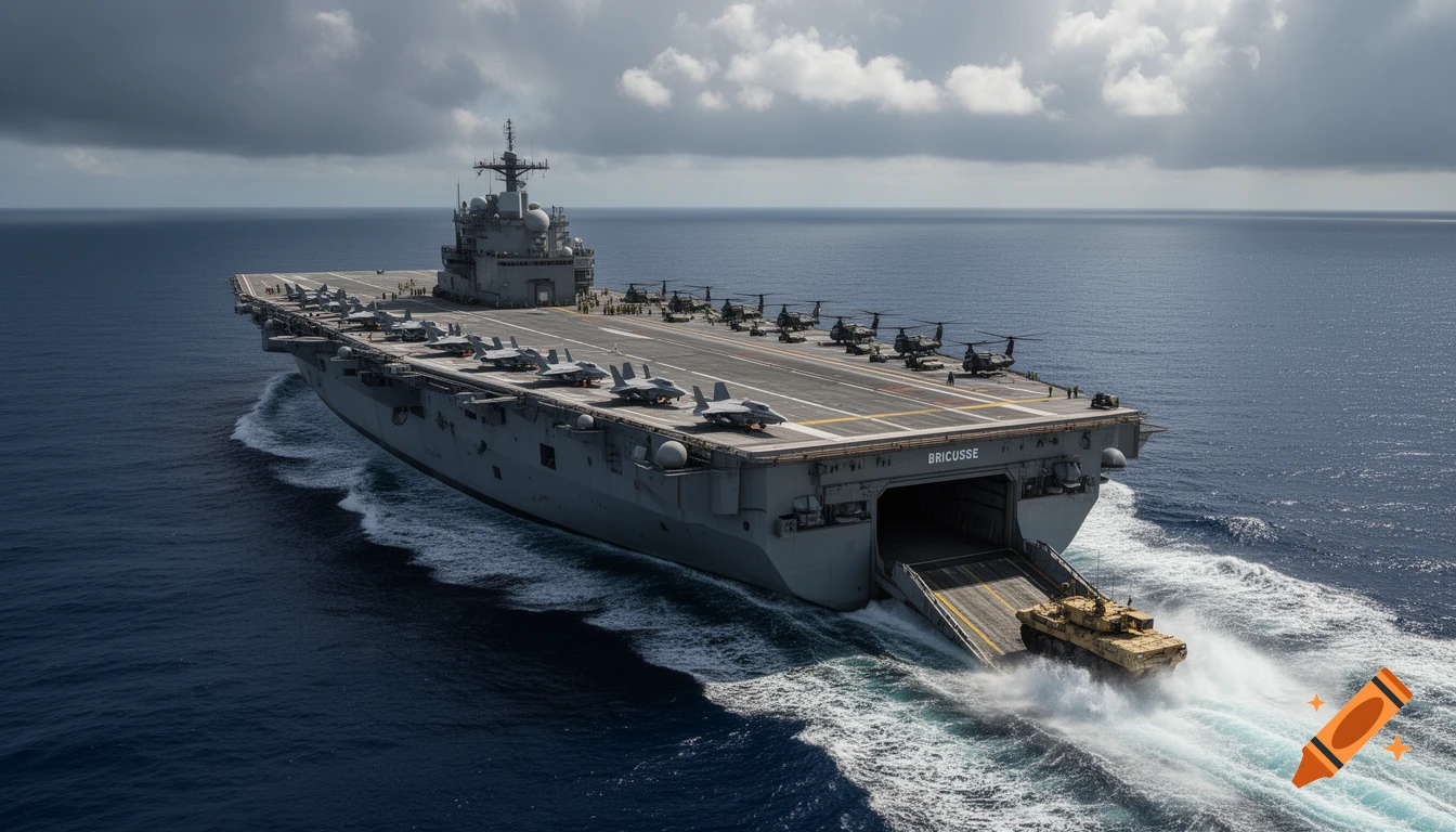 Photorealistic cinematic shot of an amphibious assault ship sailing the ocean with an ACV driving down its stern ramp.