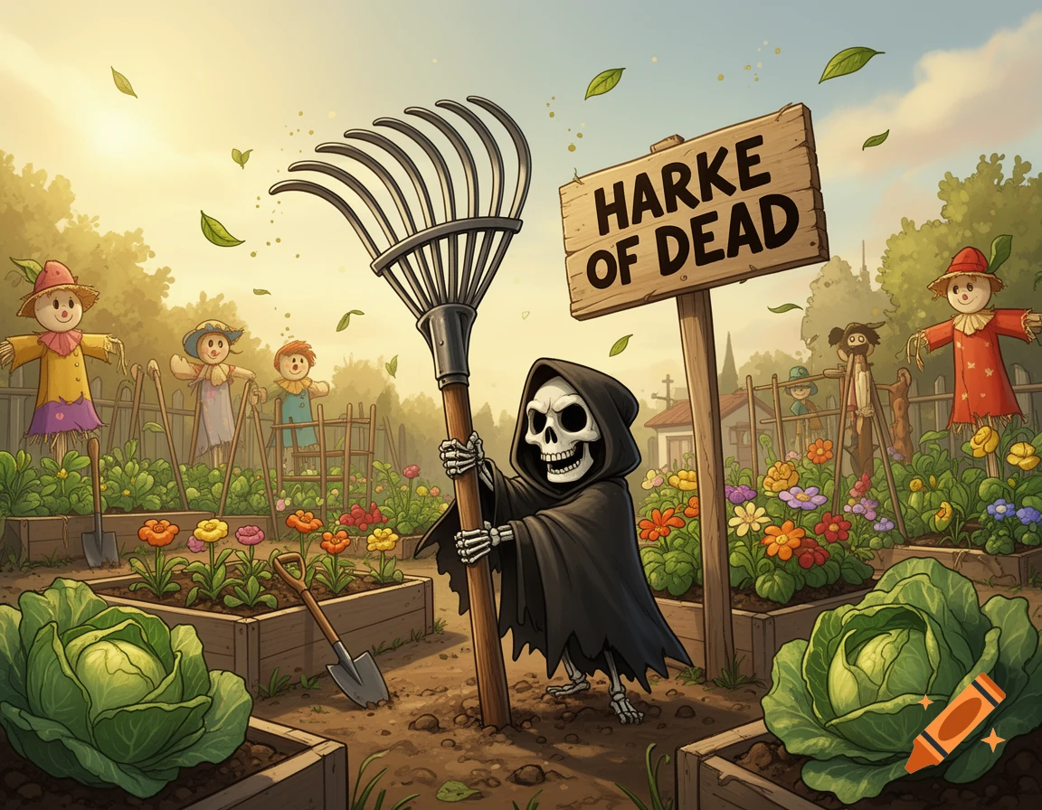 Cartoon illustration of a grim reaper in a black cloak holding a large garden rake in a vegetable garden with scarecrows and a sign reading HARKE OF DEAD.