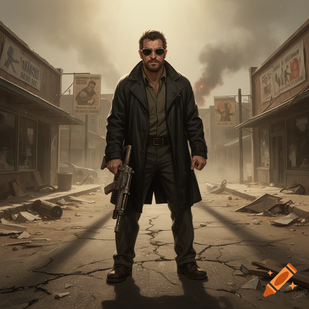 A man in a black trench coat and sunglasses holding a submachine gun in a ruined street.
