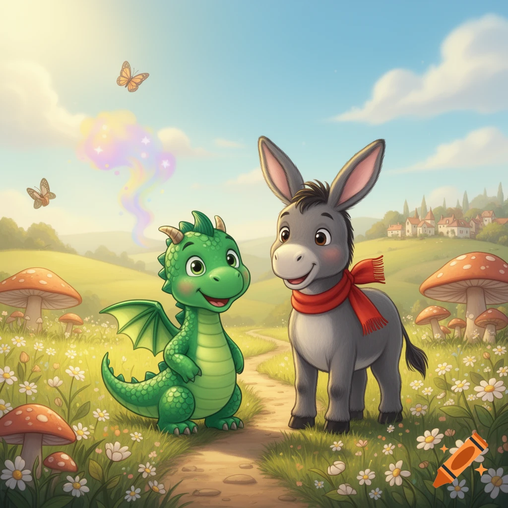 Digital illustration of a smiling green baby dragon and a friendly donkey with a red scarf in a whimsical meadow.