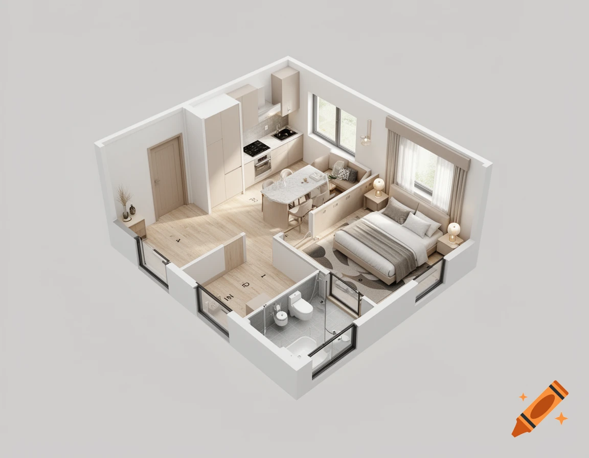 Isometric 3D floor plan of a modern apartment with a bedroom, kitchen, living area, and bathroom.