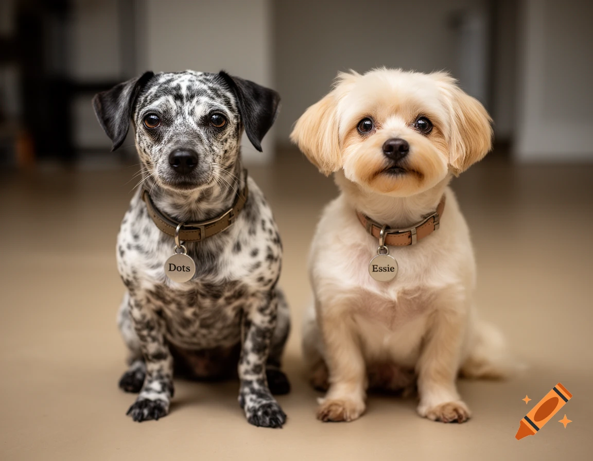 Two dogs sitting side-by-side on a light brown floor, wearing collars with name tags reading Dots and Essie, photorealistic.