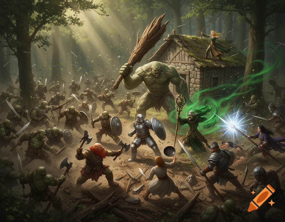 Fantasy digital illustration of an epic battle in a forest between adventurers and a large troll and orcs.