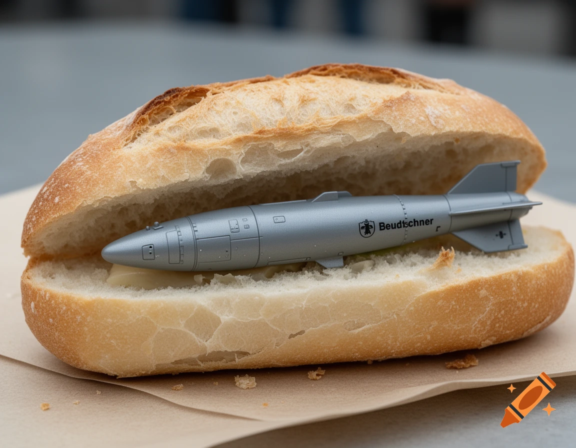 Photorealistic image of a grey missile shaped like a fish lying inside a split bread roll.