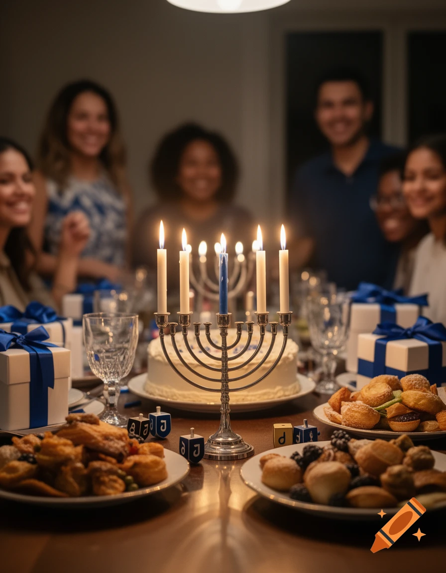 A family gathered around a table with a menorah lit for Hanukkah, featuring plates of food and wrapped gifts.