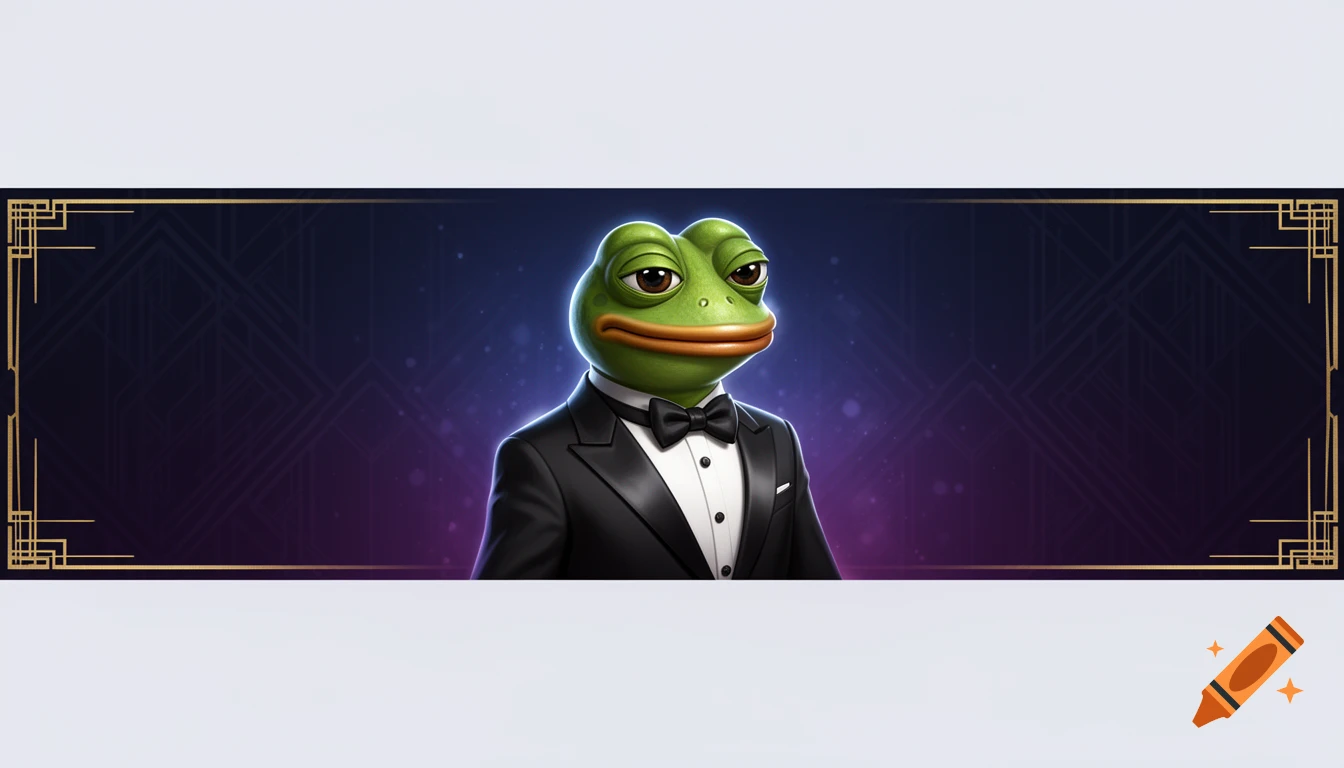 Digital art of Pepe the frog wearing a black tuxedo with a bow tie against a dark purple background with decorative gold borders.
