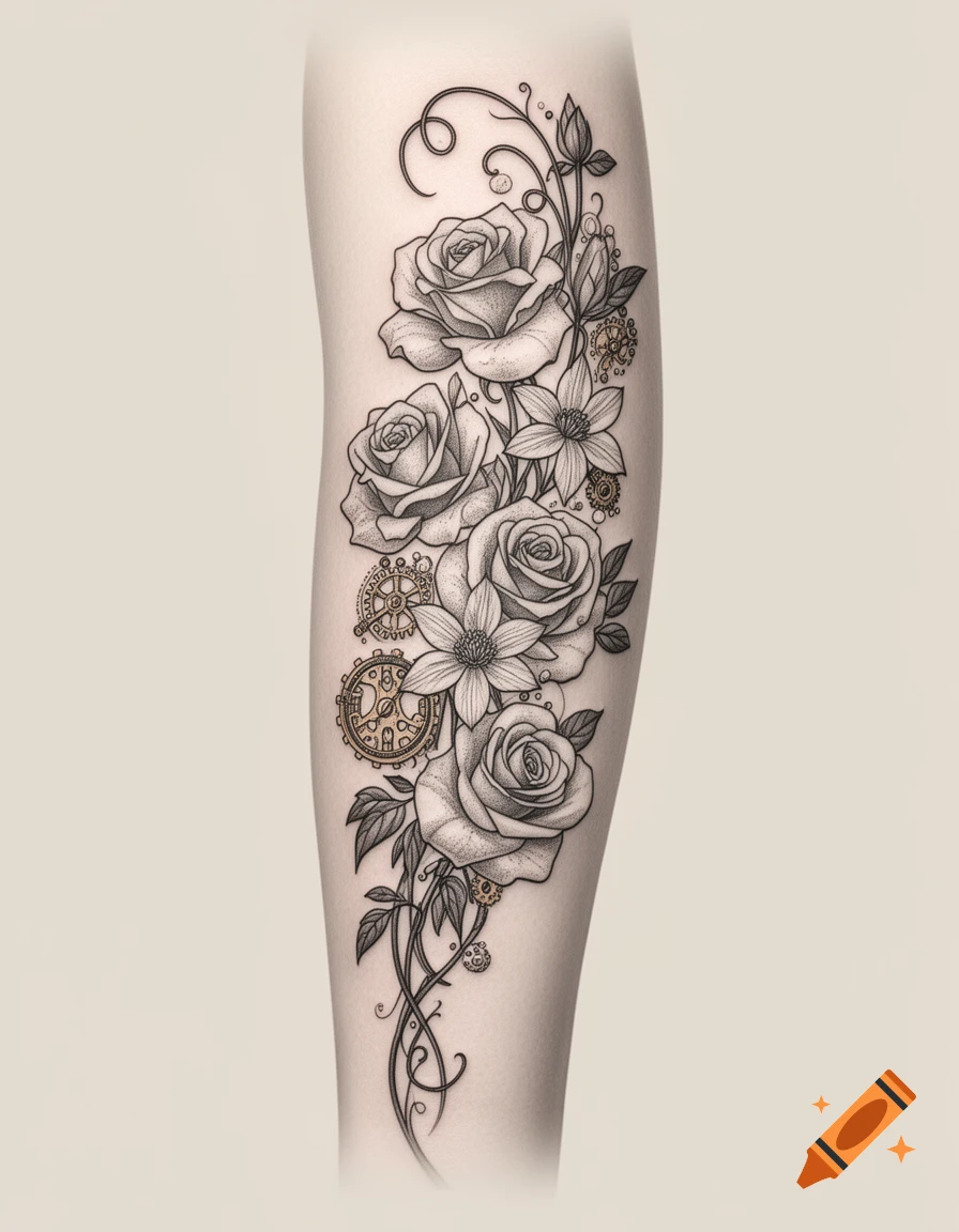 Grayscale arm sleeve tattoo design featuring roses, clematis flowers, and small steampunk gear elements.