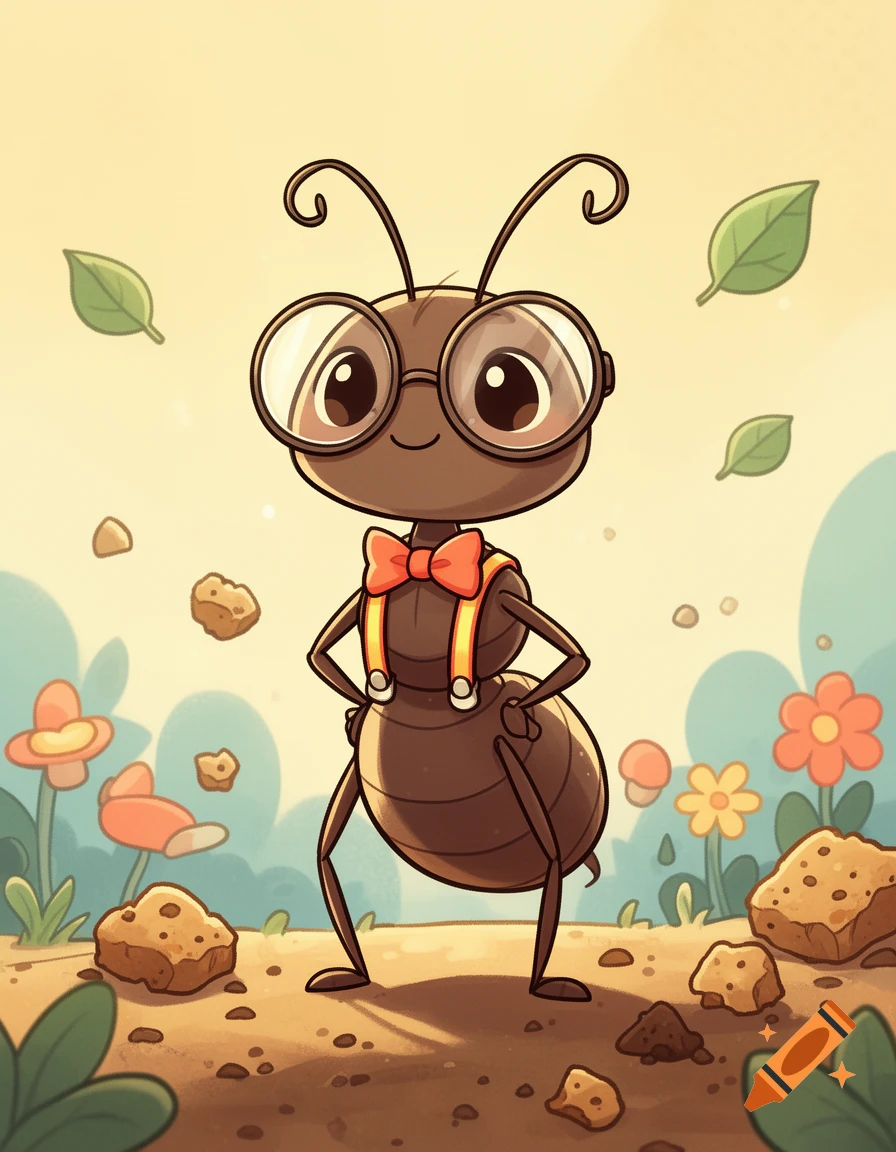 Cute cartoon ant wearing glasses and a bow tie with suspenders, standing in a field with leaves and flowers.