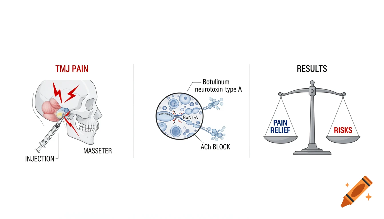Medical infographic in 3 panels showing TMJ pain, botulinum toxin cellular mechanism, and a balance scale of relief versus risks.