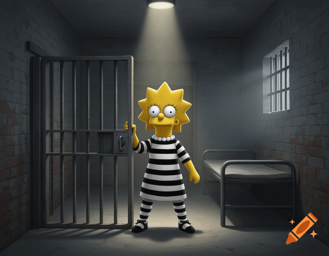 Lisa Simpson as a convict standing in a prison cell, wearing black and white striped clothes, digital art style.