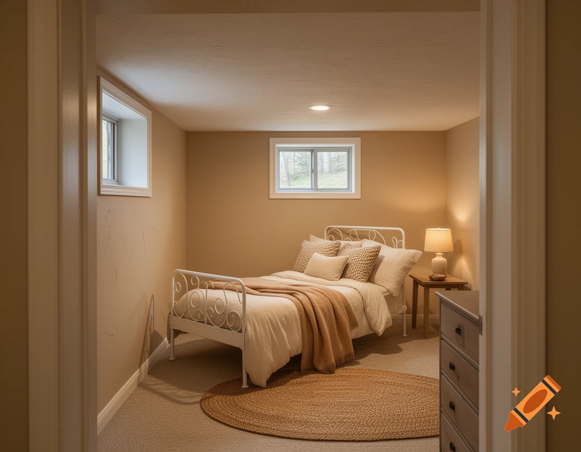 A cozy basement bedroom with beige walls, a white wrought-iron twin bed, and a round woven rug, photorealistic.