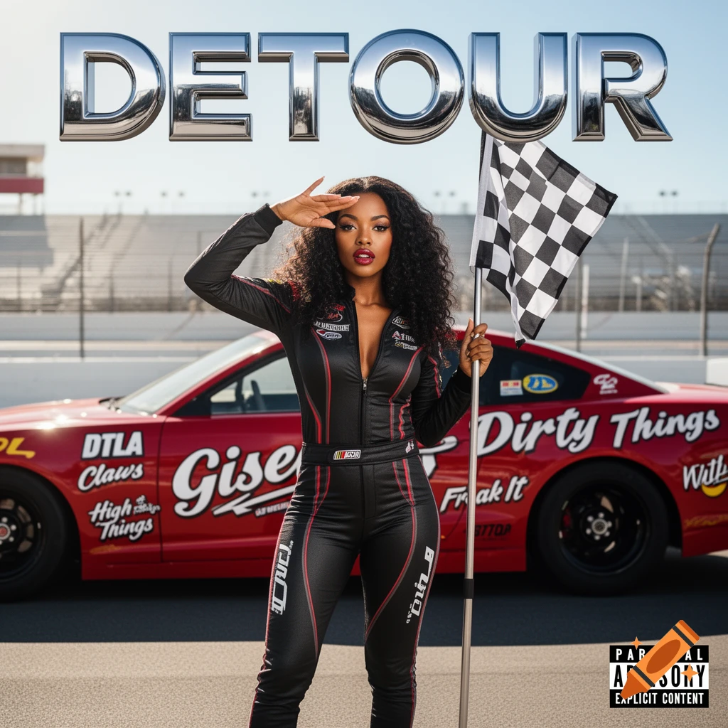 An album cover featuring an African American woman in a racing jumpsuit holding a checkered flag in front of a red race car.