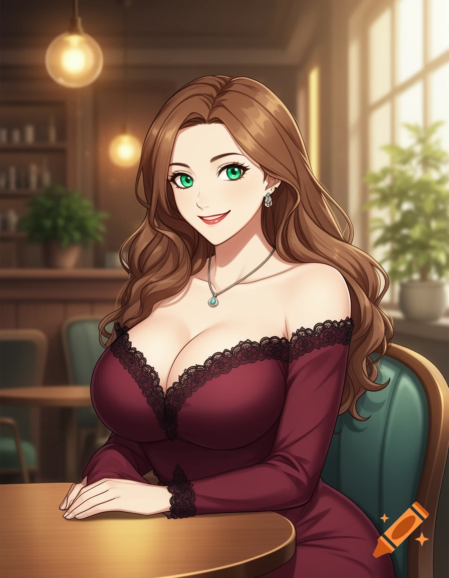 Anime style illustration of a smiling woman with brown hair and green eyes sitting at a table in a cafe, wearing a burgundy dress.