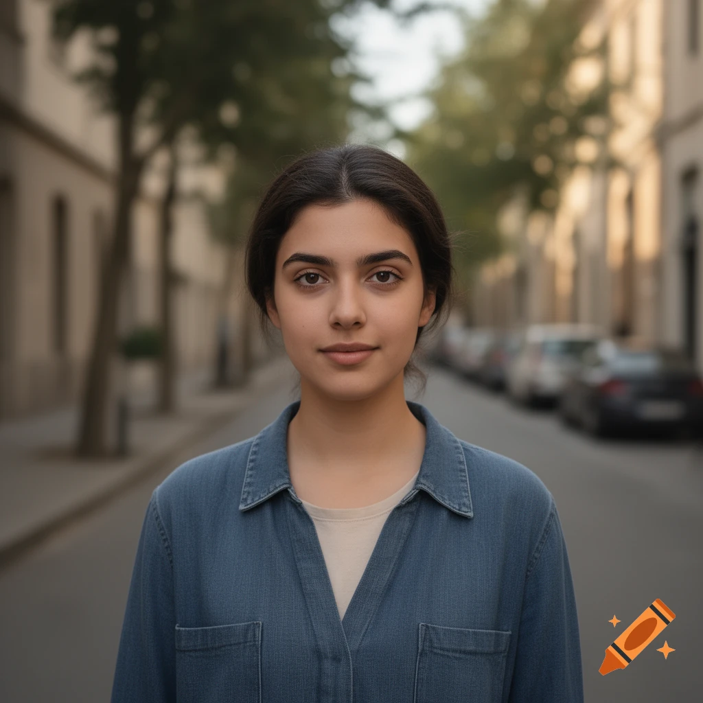 Photorealistic portrait of a young woman with dark hair in a denim shirt standing on a city street.