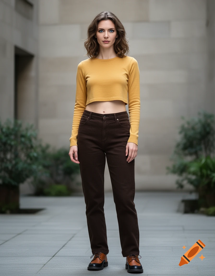 Photorealistic full-body portrait of a woman with wavy hair, wearing a yellow crop top, brown pants, and two-tone shoes, standing indoors.