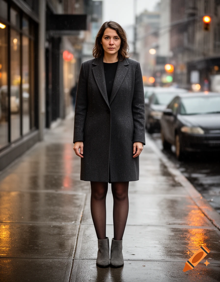 Photorealistic full-length portrait of a woman in a grey coat and tights standing on a wet sidewalk in the city.