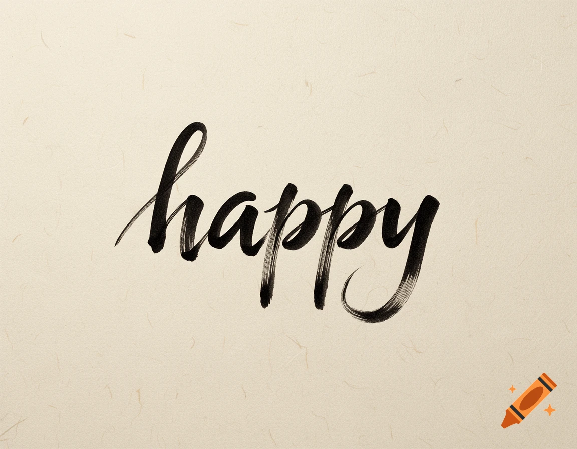 Calligraphy spelling 'happy' written in black ink on traditional Korean paper.