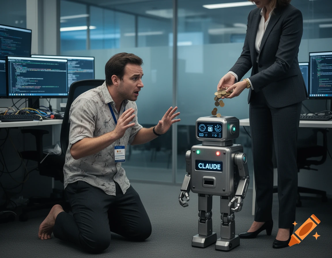 A man kneels begging a supervisor to feed coins into a small robot labeled CLAUDE in an office setting, photorealistic.