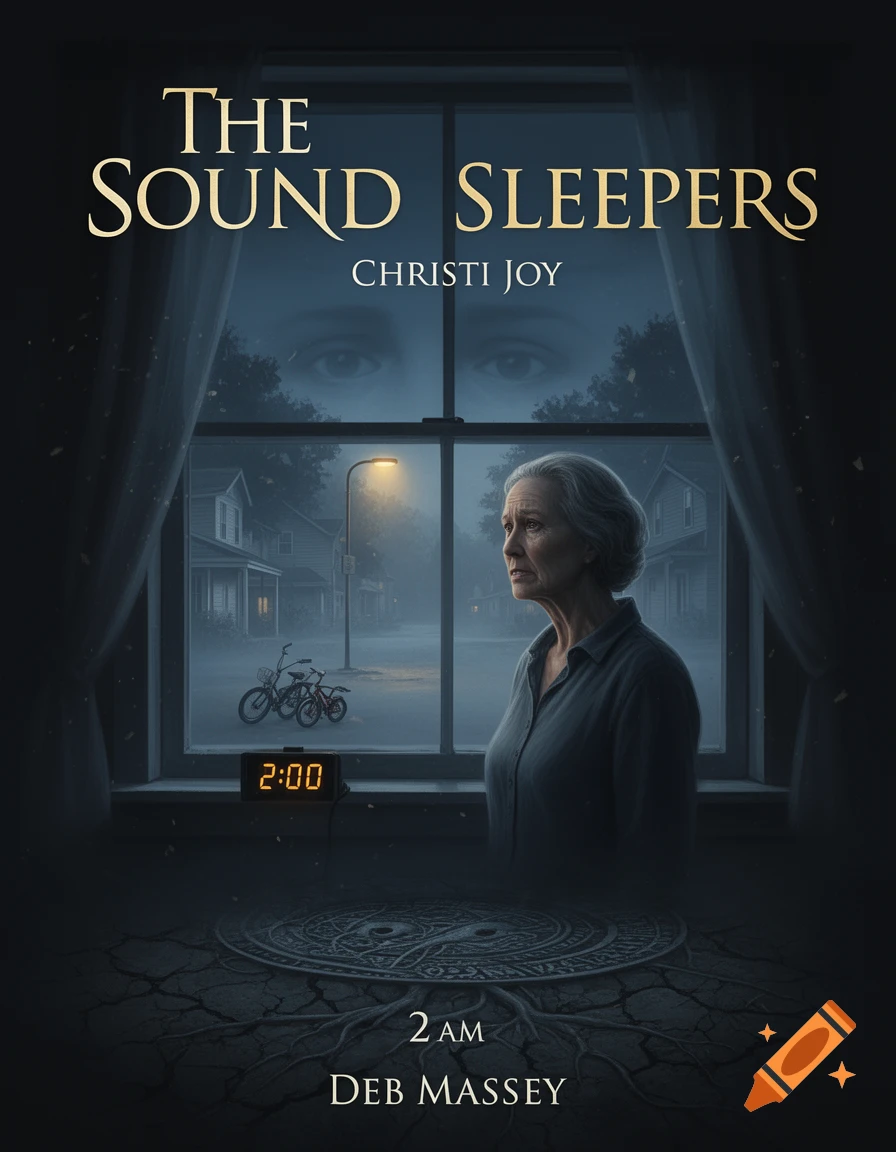 Book cover illustration showing an elderly woman looking out a dark window at 2 AM, with a quiet suburban street outside.
