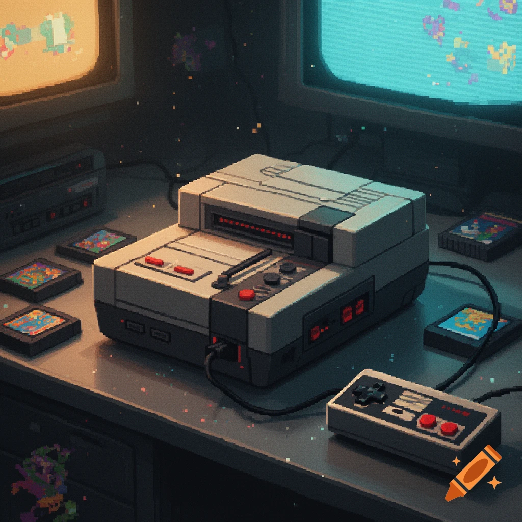 Pixel art style illustration of an 8-bit video game console with a controller and cartridges on a desk.
