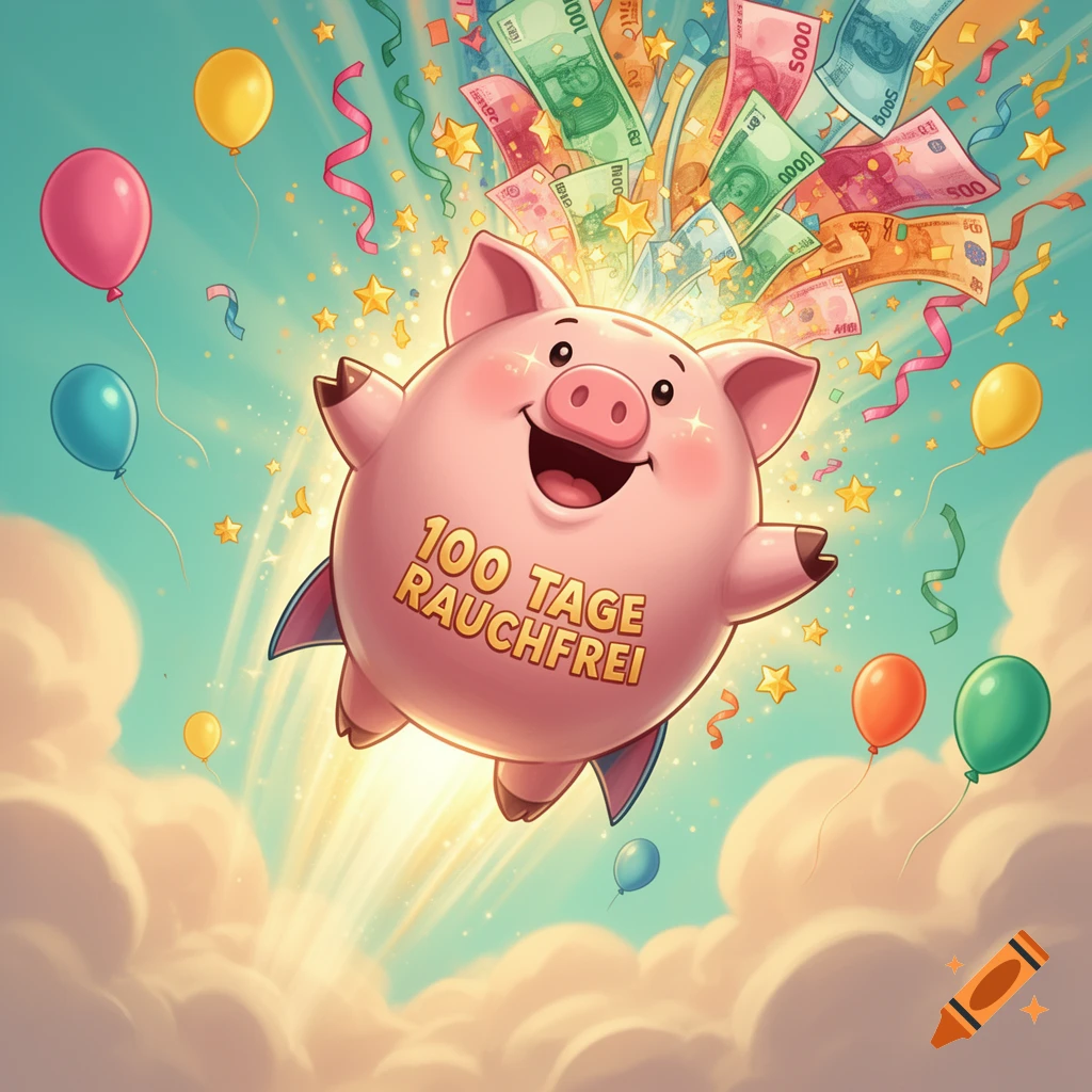 Cartoon illustration of a happy pink piggy bank flying like a rocket through the sky with money and balloons.