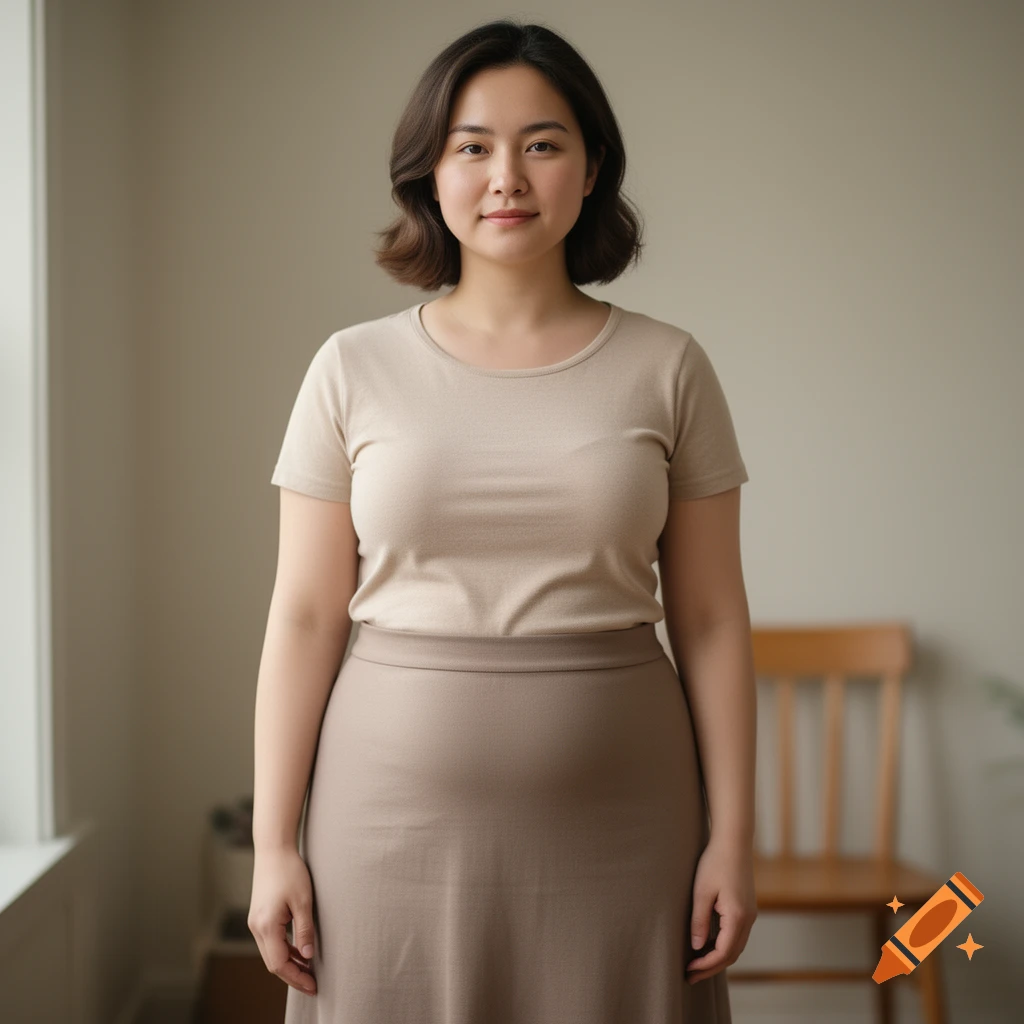 Photorealistic portrait of a young woman with dark hair wearing a beige t-shirt and skirt, standing indoors.