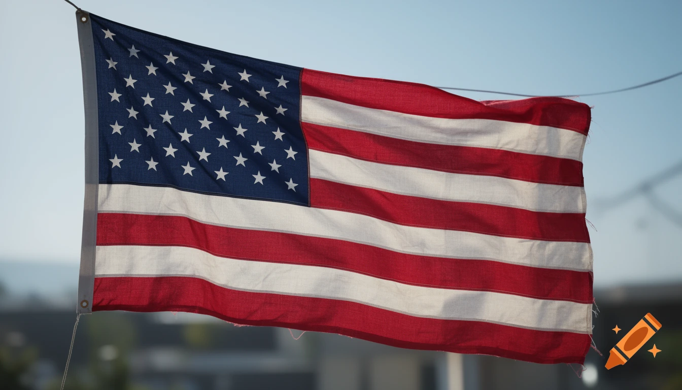 An American flag waving in the wind against a pale blue sky.
