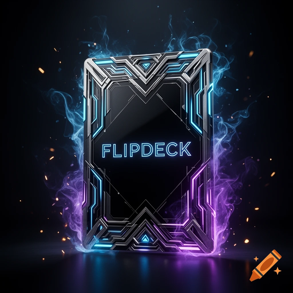 A futuristic glowing card with the text FLIPDECK surrounded by blue and purple aura and sparks on a dark background.