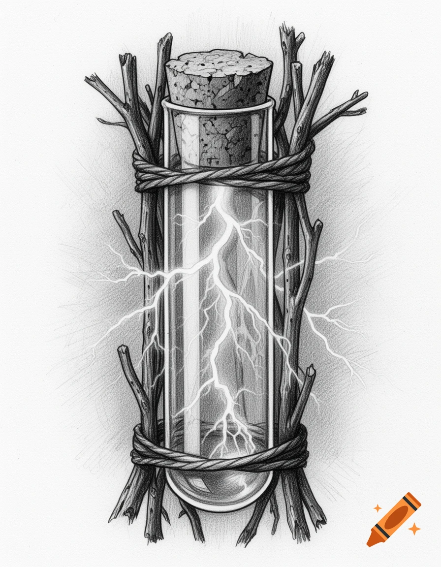 Pencil drawing of a glass test tube with a cork stopper containing glowing lightning, cradled by tied twigs.