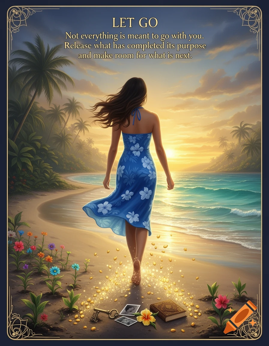 An oracle card featuring a woman walking away on a tropical beach at sunset, with text at the top reading 'LET GO'.